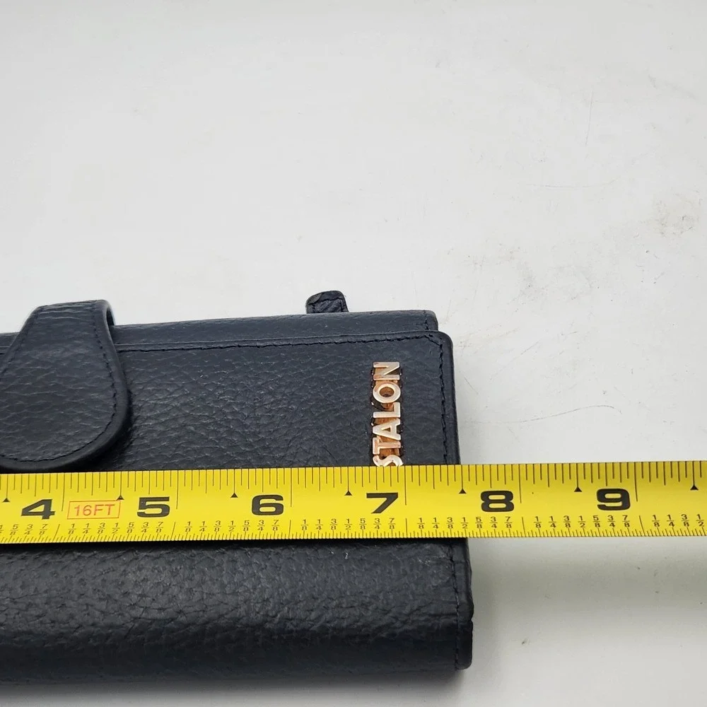 Estalon Pebbled‎ Leather RFID Long Wallet Trifold Snap Closure - Navy Blue